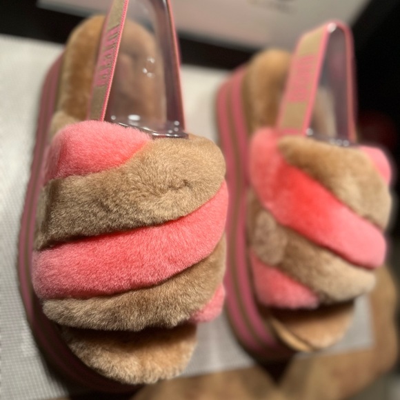 UGG NIB AUTHENTIC DISCO STRIPE CHESTNUT/PINK ROSE COMBO SLIDE SLIPPERS. - Picture 6 of 16